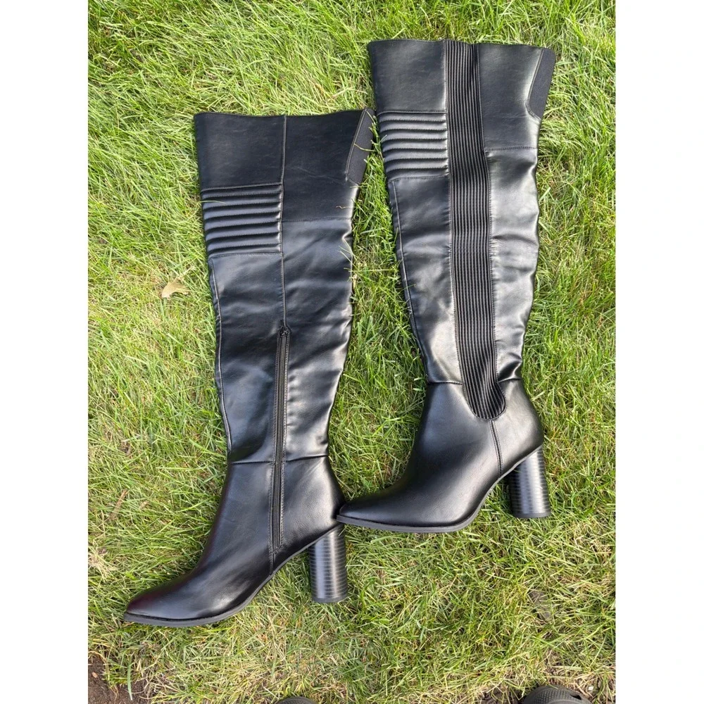 Shoedazzle Jodie Black Faux Leather thigh high Block Heel Moto Boots Womens 9.5